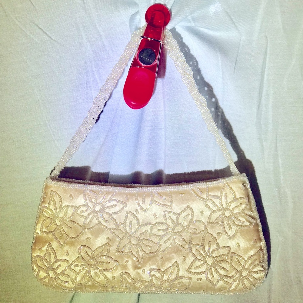 LaRegale beaded (both sides) Satin Evening Bag, color is Off-White